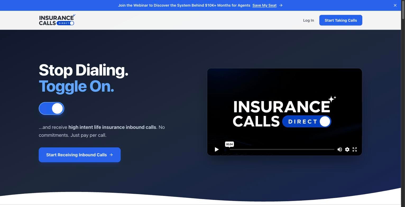 Insurance Calls Direct homepage explaining pay-per-call inbound insurance calls
