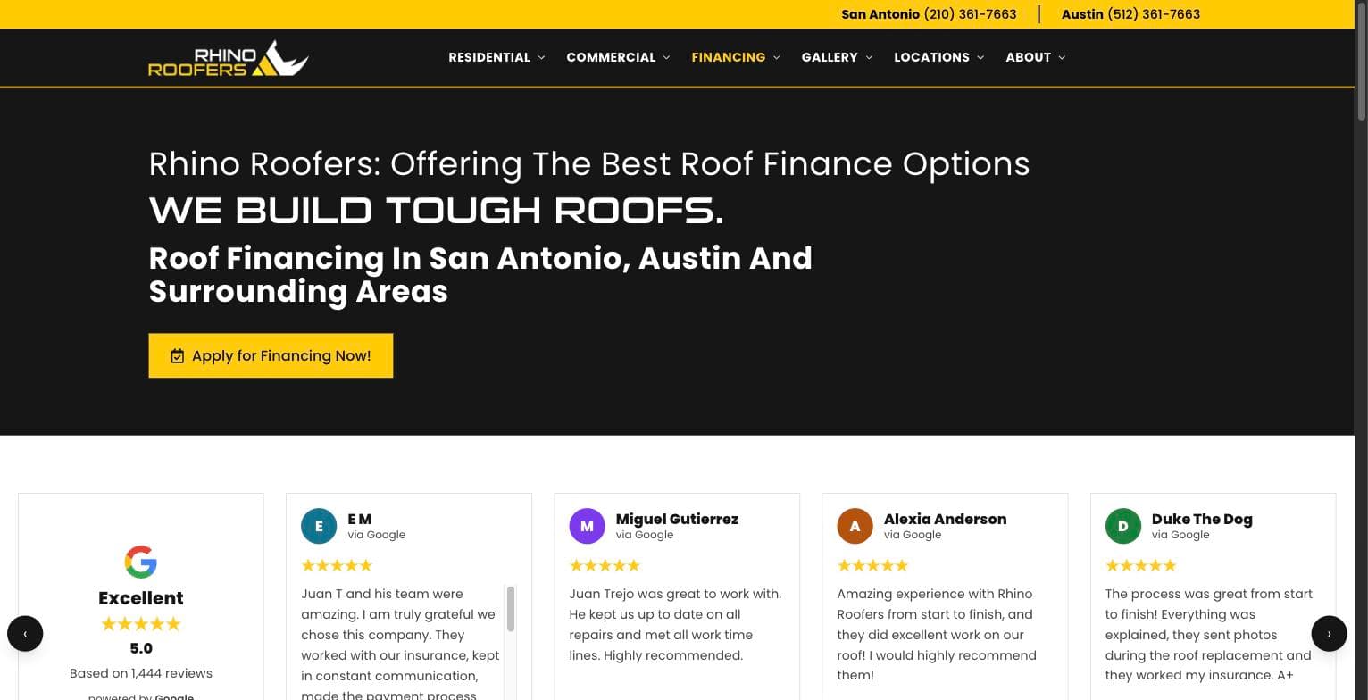 Rhino Roofers financing page showing a 5.0 Google rating from over 1,400 reviews