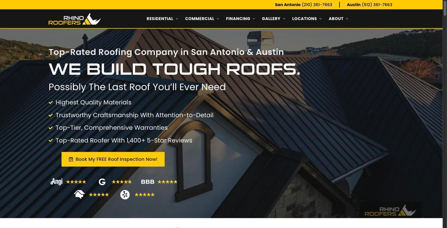 Rhino Roofers homepage with the free roof inspection booking call to action
